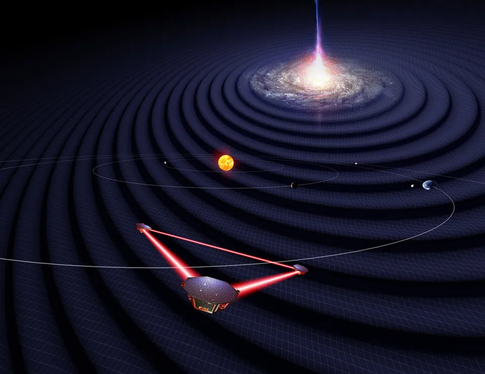 LISA constellation — three spacecraft exchanging laser beams while trailing Earth on its orbit, with gravitational waves illustrated as ripples