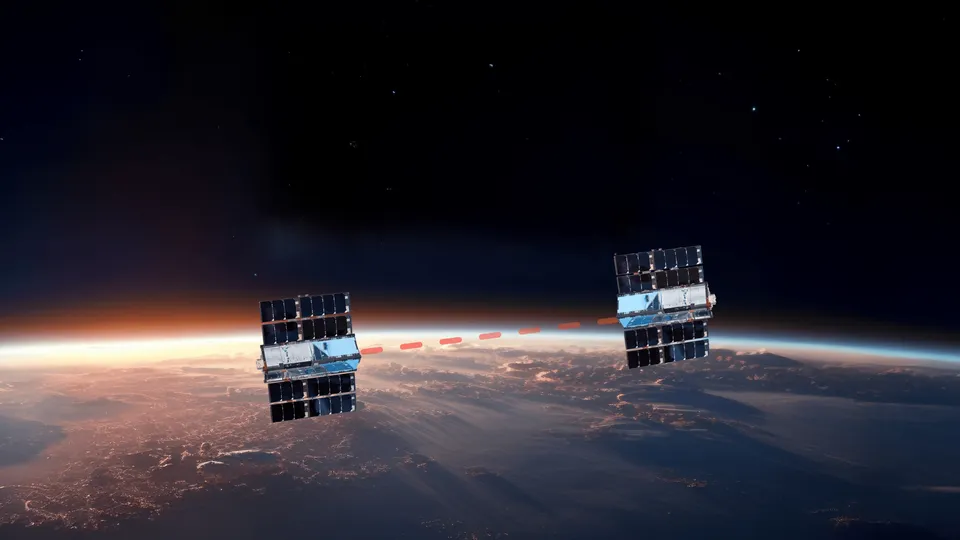 Two  mall  atellite  orbiting Earth with  olar panel  extended, connected by a da hed red la er beam, again t a backdrop of the planet'  horizon tran itioning from day to night and a  tar-filled  pace  ky.